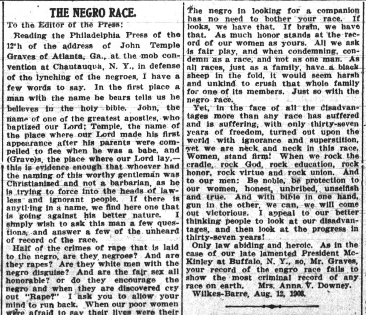 Anna V. Downey: 1903 Letter to the Editor of the Press of Philadelphia